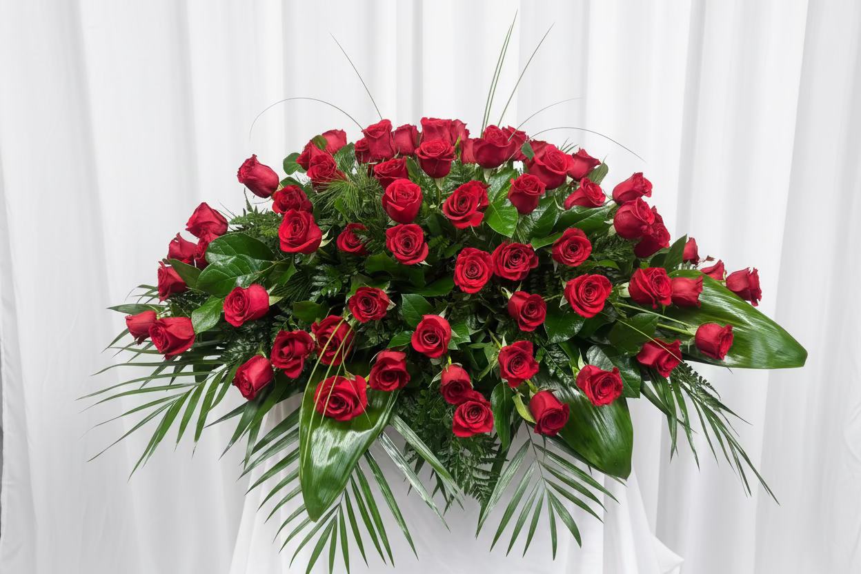 Bouquet of red roses with green leaves on a stand, surrounded by other floral arrangements.