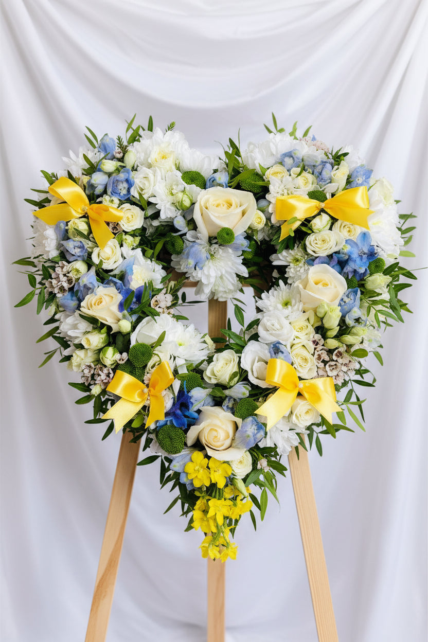 Floral wreath with blue and white flowers on a wooden surface