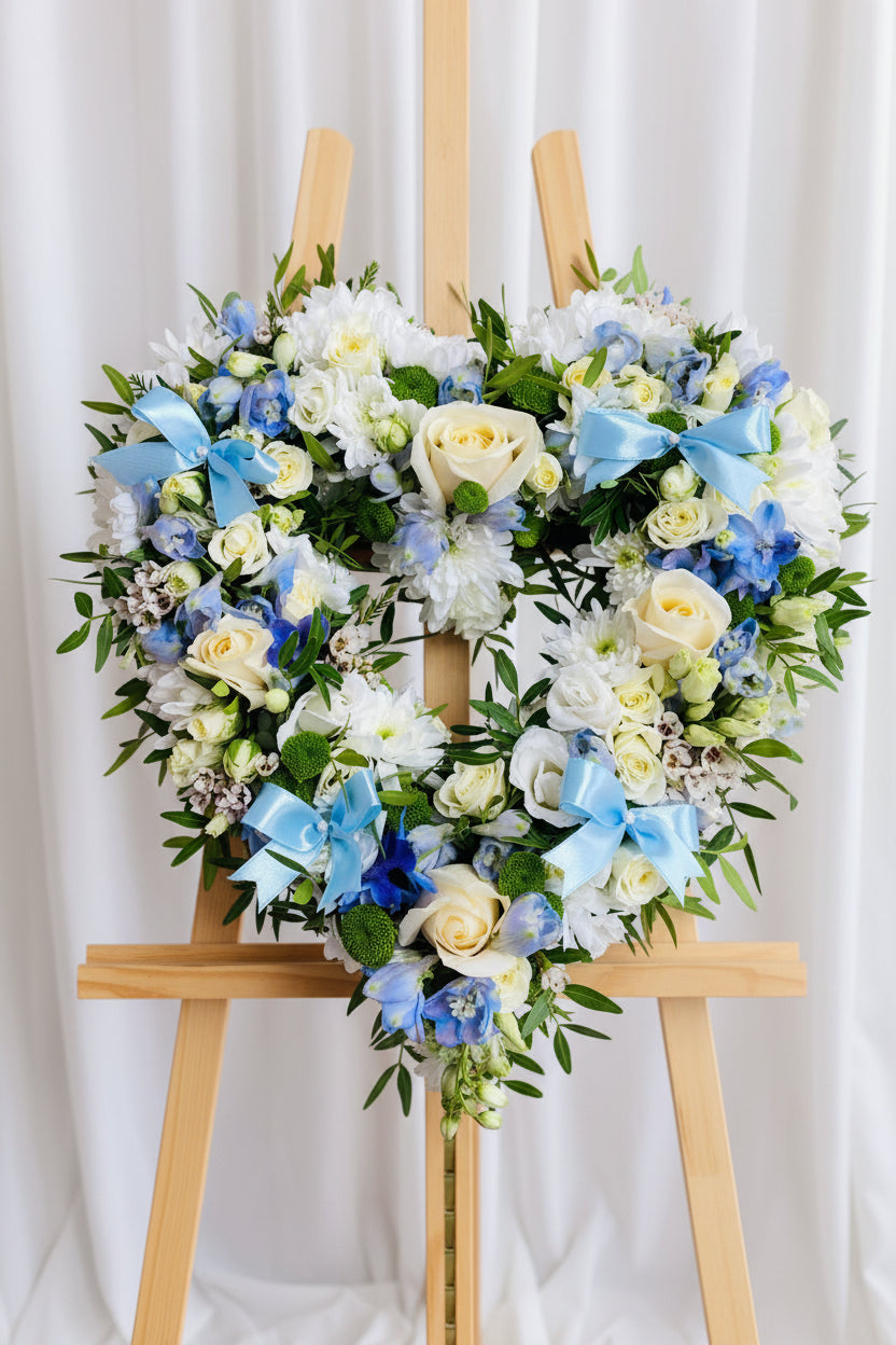 Floral wreath with blue and white flowers on a wooden surface